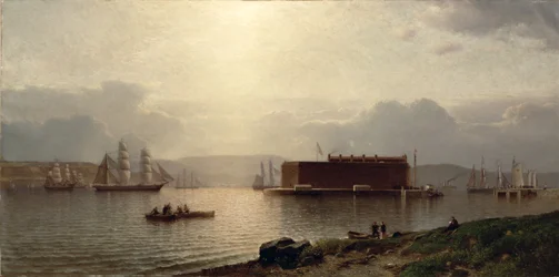 The Narrows e Fort Lafayette, navi in arrivo nel porto, New York, 1868